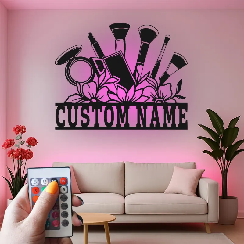 Panneau pour maquilleur personnalisé | Décoration murale en métal LED pour salon de beauté | Décor de vanité avec nom personnalisé | Panneau de logo d'entreprise MUA