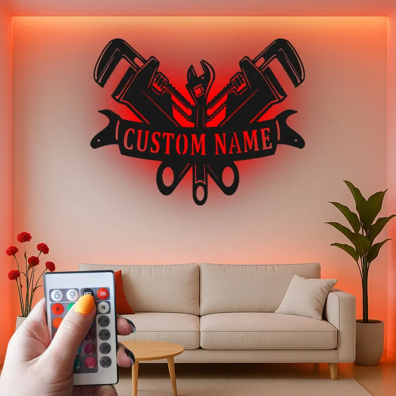 Custom Plumber LED Sign | Personalized Metal Tool Art | Workshop & Garage Decor | Pipe Wrench Wall Light