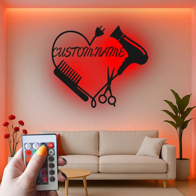 Enseigne LED personnalisée pour coiffeur | Décoration murale en métal personnalisée pour salon | Plaque nominative pour studio beauté | Cadeau pour coiffeur