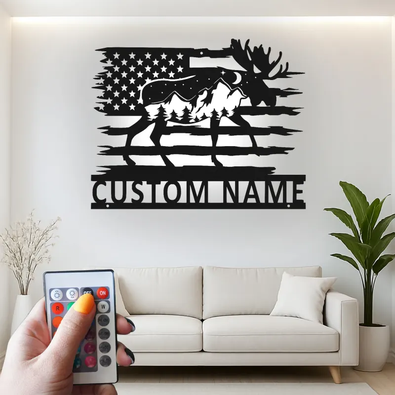 Custom Moose Metal Wall Art | Personalized LED American Flag Sign | Rustic Cabin Decor & Lodge Gift