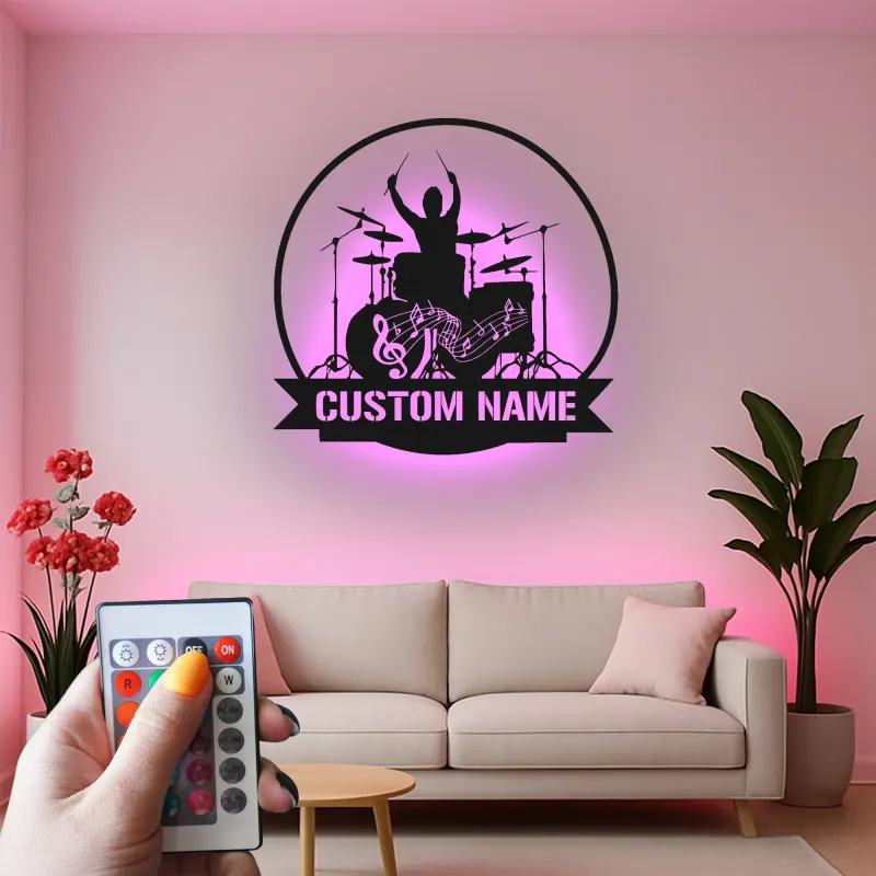 Décoration murale en métal LED personnalisée pour batteur - Cadeau musicien pour salle de musique