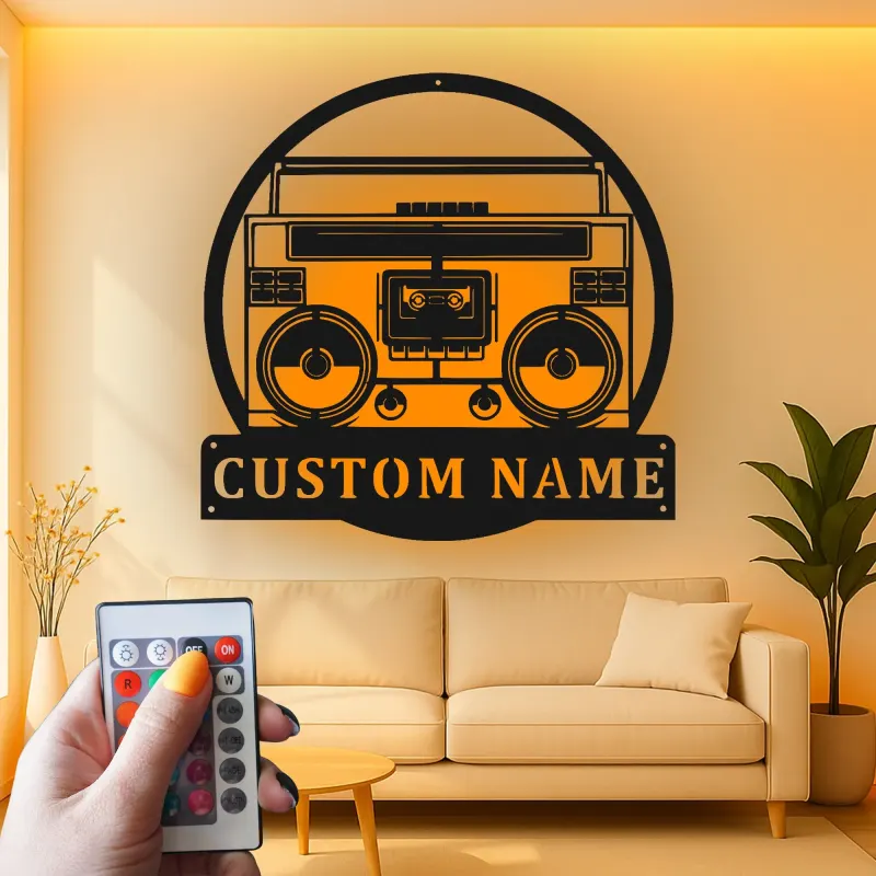 Insegna in metallo personalizzata con boombox e luce LED regalo per amanti della musica decorazione retro per sala giochi
