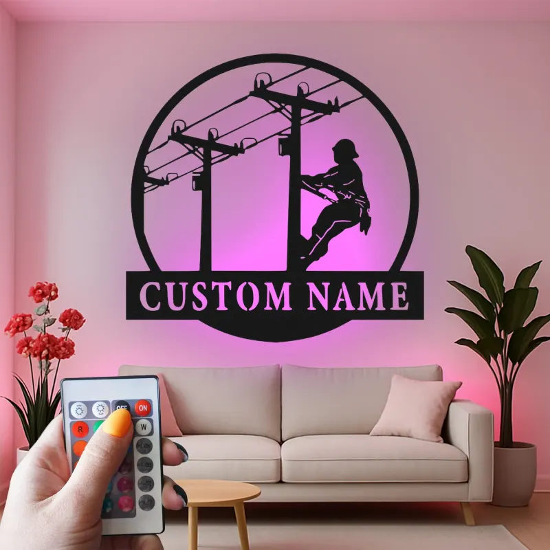 Lineman LED Metal Wall Art | Personalized Electrician Gift | Custom Name Sign for Industrial Decor, Man Cave | RGB Light Up Utility Pole
