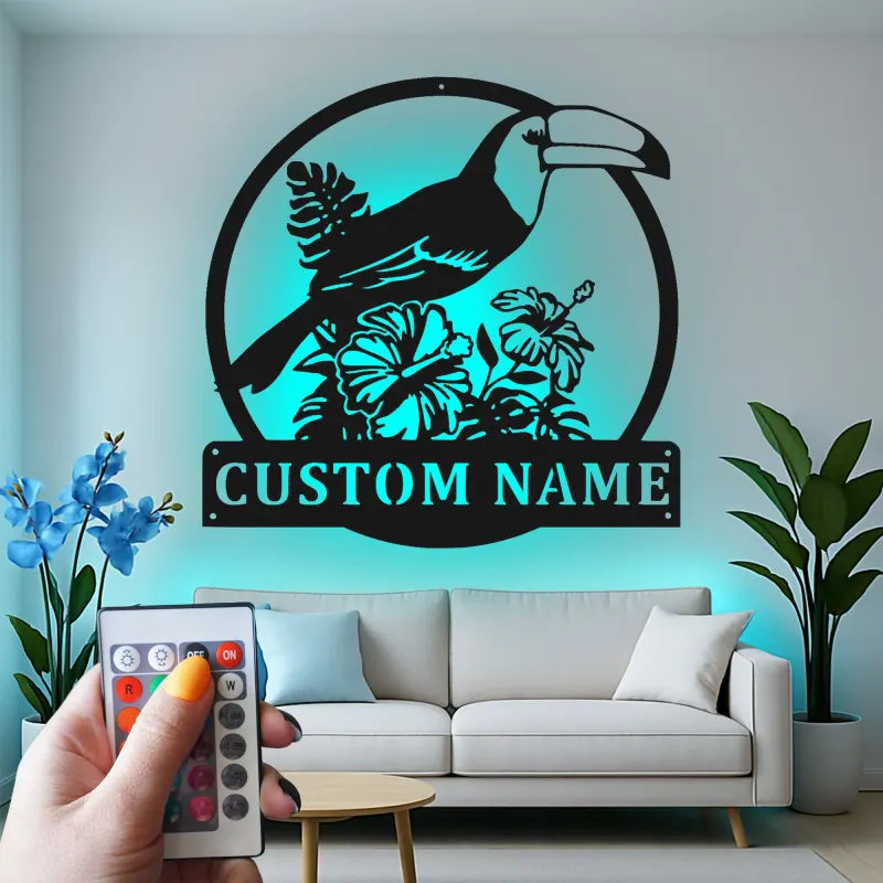 Custom Toucan Metal Sign | Personalized LED Wall Art with Hibiscus | Tropical Patio & Nursery Decor | Exotic Bird Lover Gift