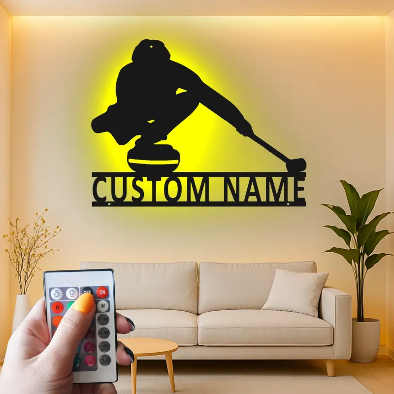 Décoration murale en métal personnalisée joueur de curling avec rétroéclairage LED Cadeau sportif pour les passionnés de curling Décor de salle de jeux 1