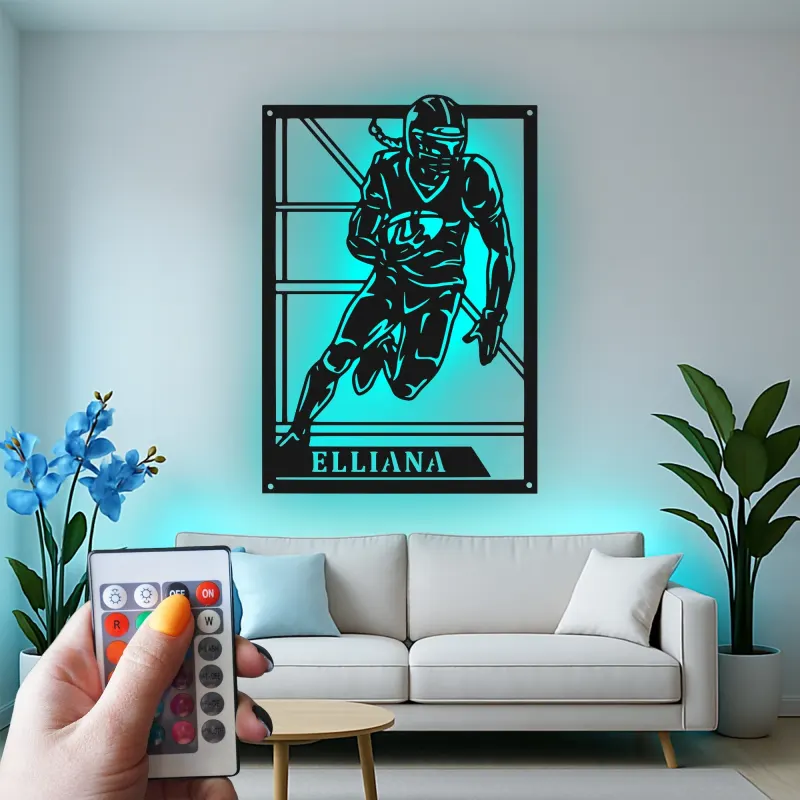 Cartel de metal personalizado de jugador de fútbol americano | Arte mural LED con nombre personalizado | Decoración para sala deportiva, regalo para deportistas