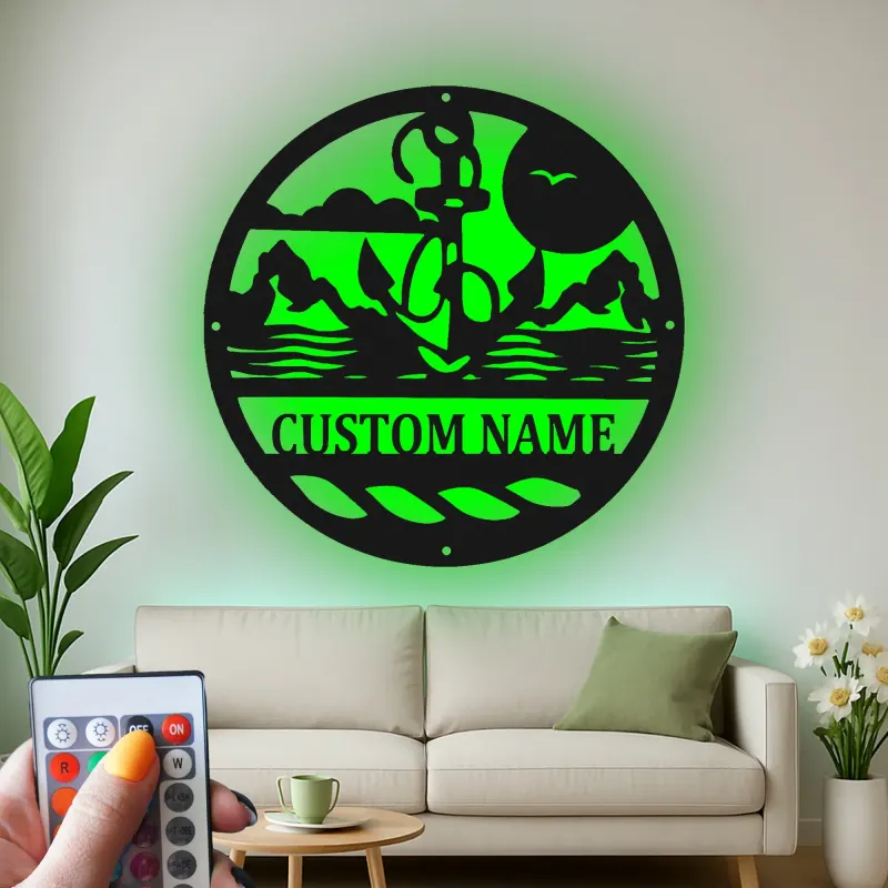 Art mural en métal LED personnalisé en forme d'ancre | Panneau de scène nautique personnalisé pour maison de plage | Cadeau déco océanique pour marins