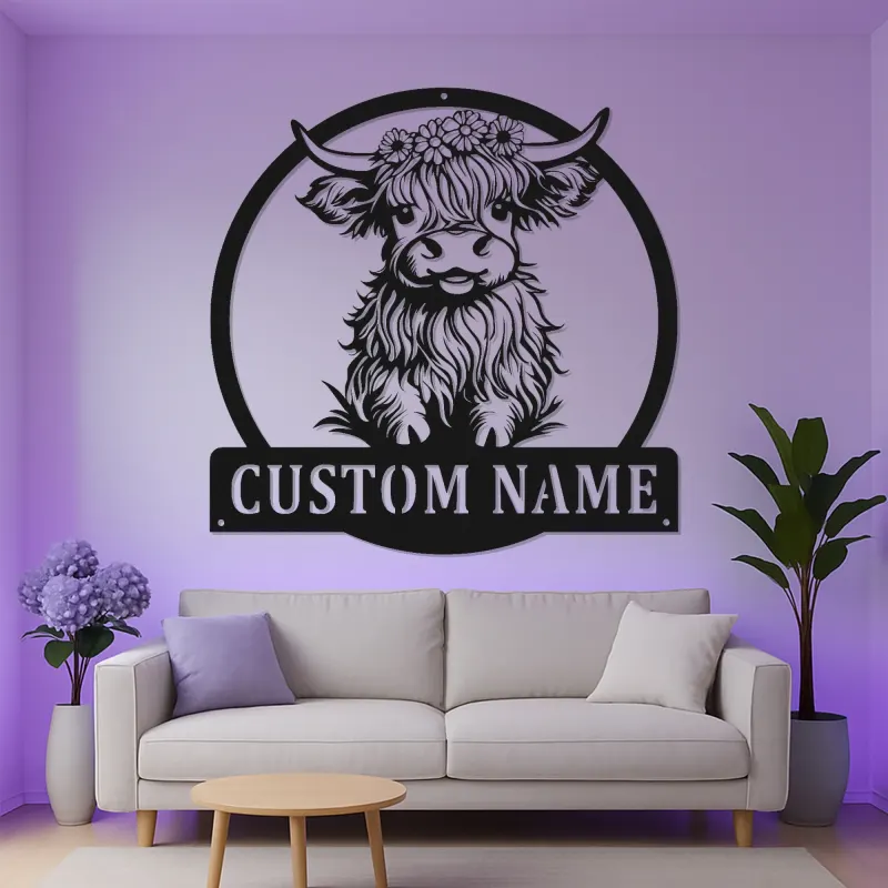 Arte da parete in metallo LED Highland Cow | Insegna con nome personalizzata per decorazione della casa di campagna | Regalo su misura per ranch e nursery