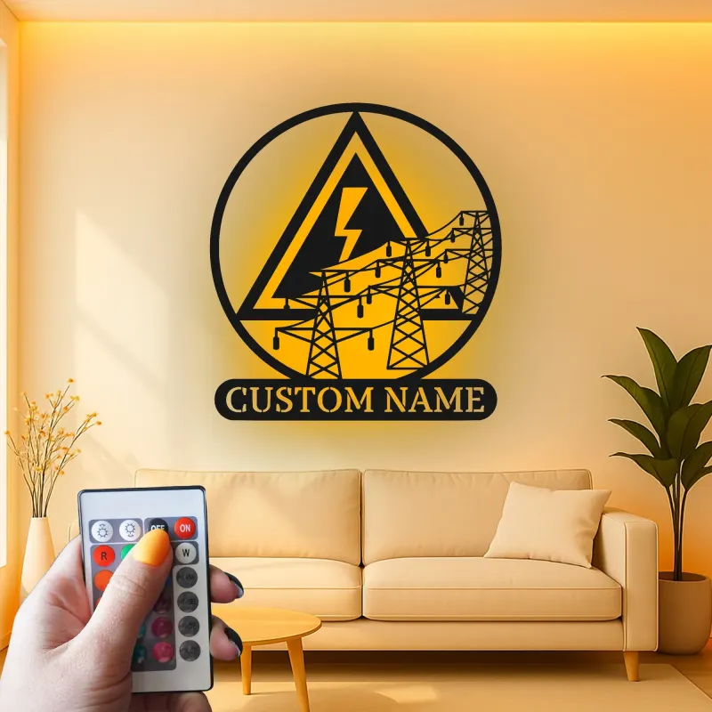 Art mural en métal LED d'électricien | Enseigne personnalisée de lineman avec lignes électriques | Décor industriel personnalisé pour bureau et garage