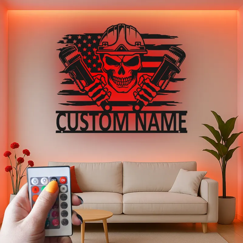 Custom Plumber Skull Metal Sign | LED Light Wall Art with American Flag | Personalized Gift for Plumbers, Workshop, or Garage Decor