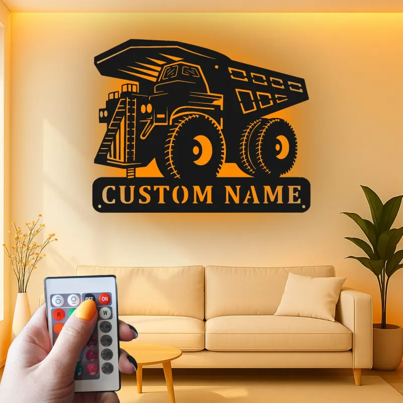 Insegna in metallo LED personalizzata a tema camion ribaltabile per appassionati di costruzione, decorazione per cameretta