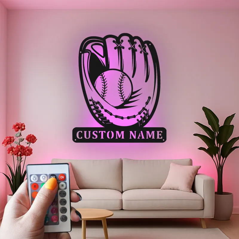 Custom Baseball Glove Led Light Metal Wall Art Personalized Sports Gift for Baseball Fans Game Room Decor