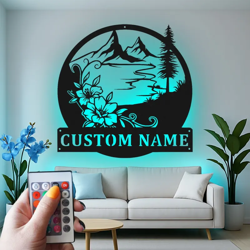 Custom Mountain Metal Wall Art | Personalized LED Name Sign with Floral Scene | Cabin Decor & Outdoor Lover Gift