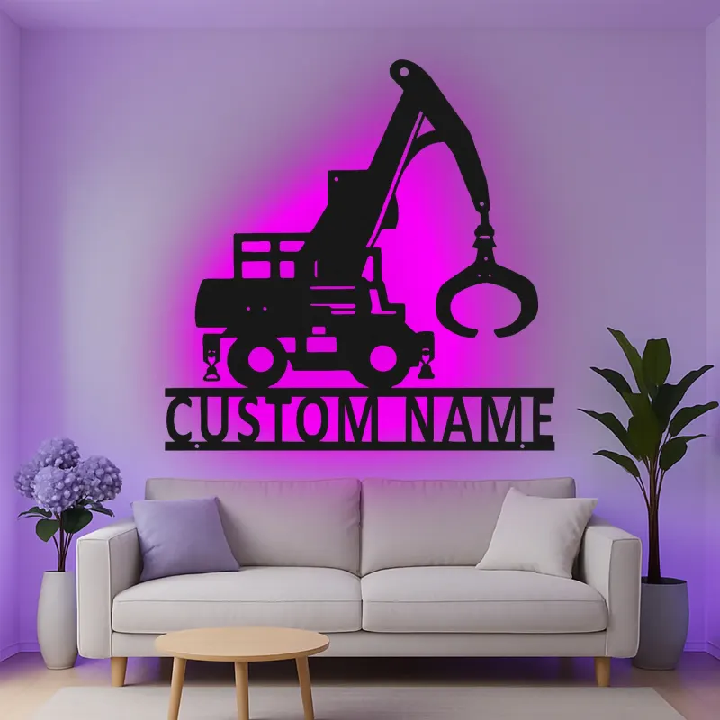 Personalisierte LED-Metall-Wandkunst mit Baukran – Geschenk für Bauprofis, Garage oder Büro