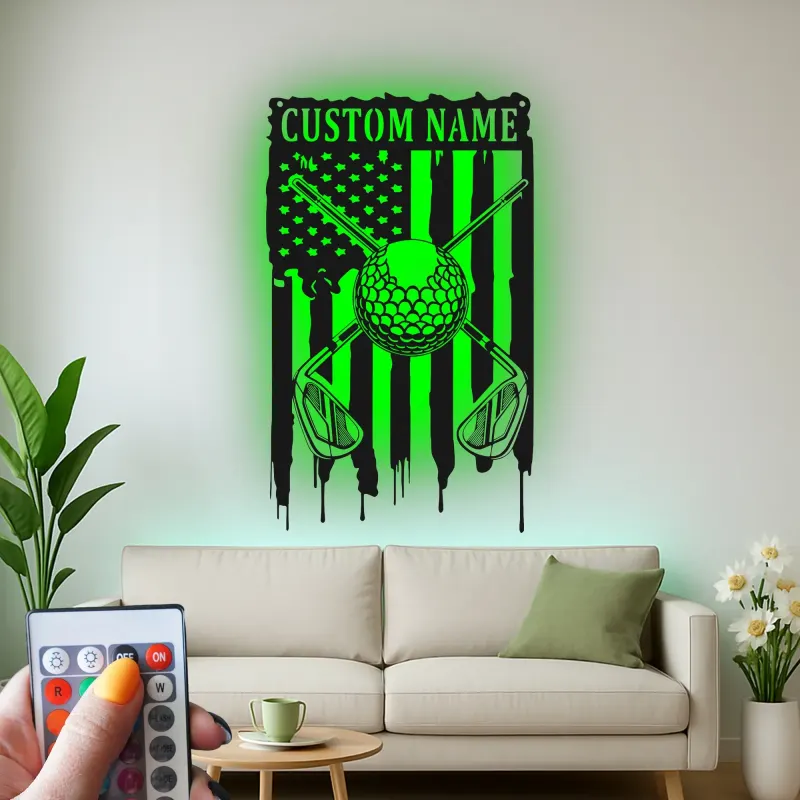 Enseigne de golf personnalisée pour man cave | Décoration murale en métal sur mesure avec LED | Cadeau patriote pour golfeur