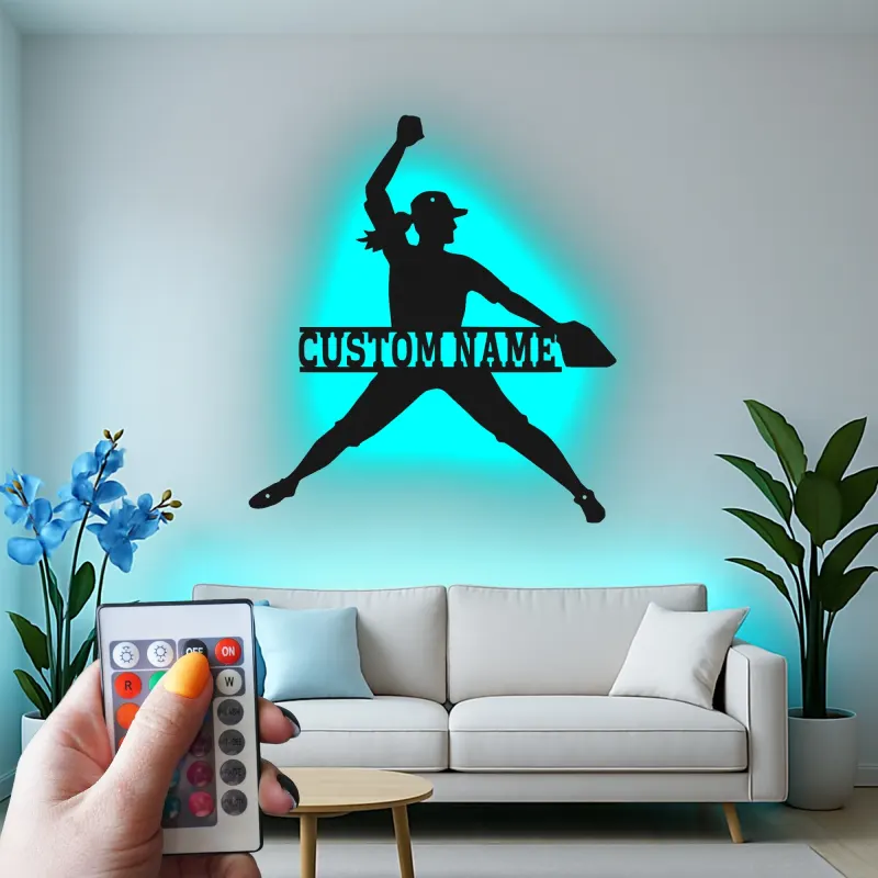 Cartel de metal personalizado con luz LED de lanzadora de softbol, regalo personalizado para atletas, decoración para sala de deportes