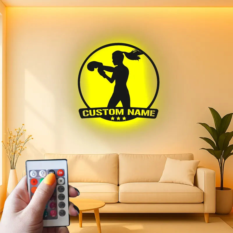 Décoration murale en métal personnalisée pour boxeuse avec rétroéclairage LED - Cadeau personnalisé pour passionné de boxe, décoration de gym ou de maison