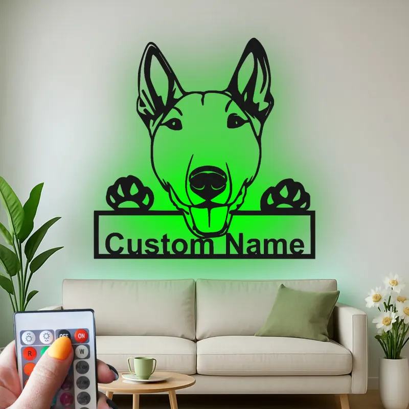 Décoration murale en métal personnalisée avec éclairage LED de Bull Terrier - Cadeau pour amoureux des chiens, décoration pour animaux de compagnie dans le salon