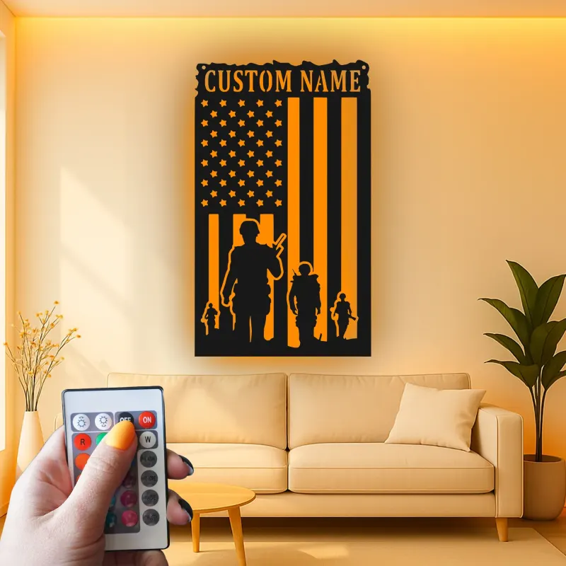 Personalized Soldier Metal Flag | Custom Army Name Sign for Veteran | Patriotic LED Wall Art & Military Decor