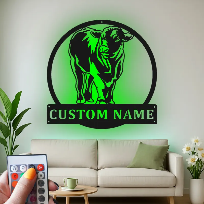 Décoration murale en métal LED personnalisée de vache - Cadeau de ferme rustique - Décor de grange