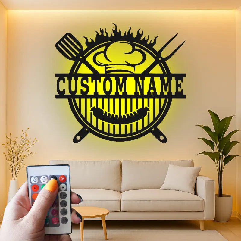 Insegna in metallo personalizzata con BBQ Grill e luce LED regalo personalizzato per maestro della griglia decorazione per cucina all'aperto