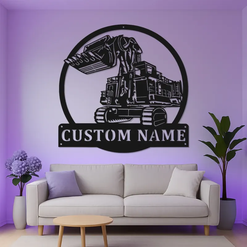Panneau métallique personnalisé d’excavatrice | Décoration murale LED rétroéclairée | Cadeau pour ouvrier du bâtiment | Déco d’engin de chantier pour chambre de garçon