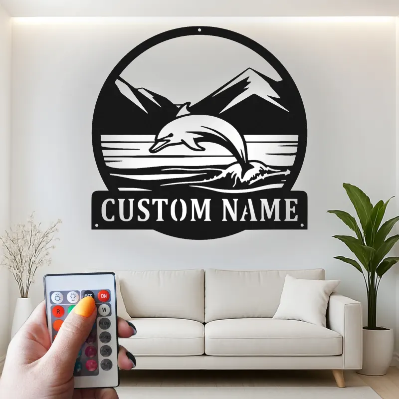 Cartel de metal personalizado con escena oceánica de delfines y luz LED, regalo para amantes de la playa, decoración costera para el hogar
