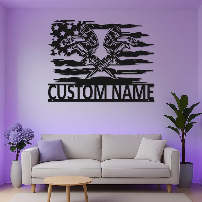 Custom LED Mechanic Sign | Metal American Flag Garage Art | Crossed Pistons Decor | Personalized Auto Shop Gift