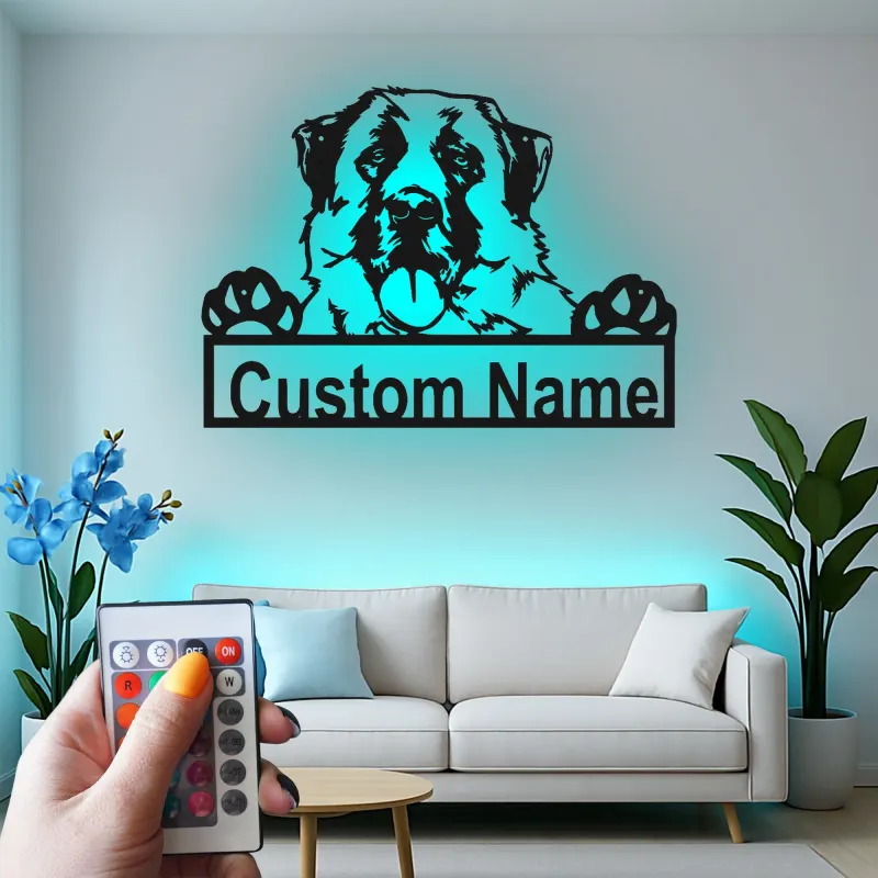 Décoration murale en métal LED personnalisée Saint Bernard - Cadeau pour amoureux des chiens, décoration pour salon