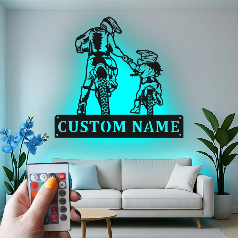 Personalisierte Motocross Vater und Kind LED Metall-Wandkunst – Geschenk für Papa, Garage oder Man Cave Dekor