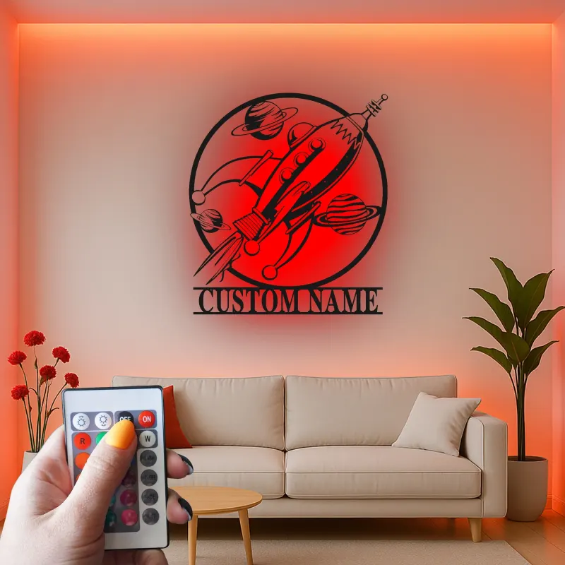 Personalisierte Rakete LED-Licht | LED-Metallwandkunst für Kinderzimmer | Vintage Weltraum Dekor für das Kinderzimmer