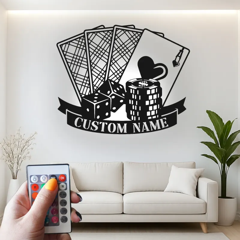 Personalized Poker LED Sign | Metal Game Room Decor | Custom Casino & Dice Wall Art | Gambling Gift for Him