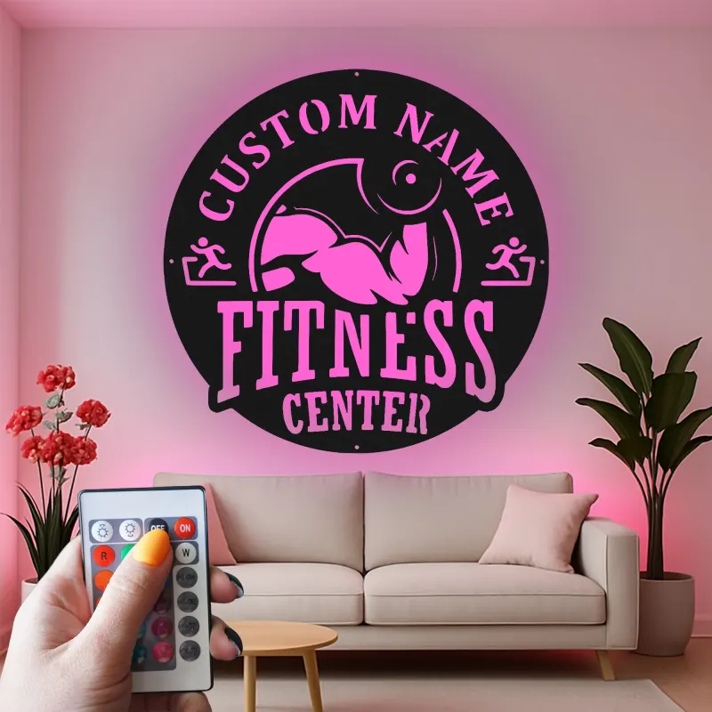 Panneau de salle de sport personnalisé | Décoration murale LED en métal pour centre de fitness | Cadeau de décor sur mesure pour propriétaire de salle