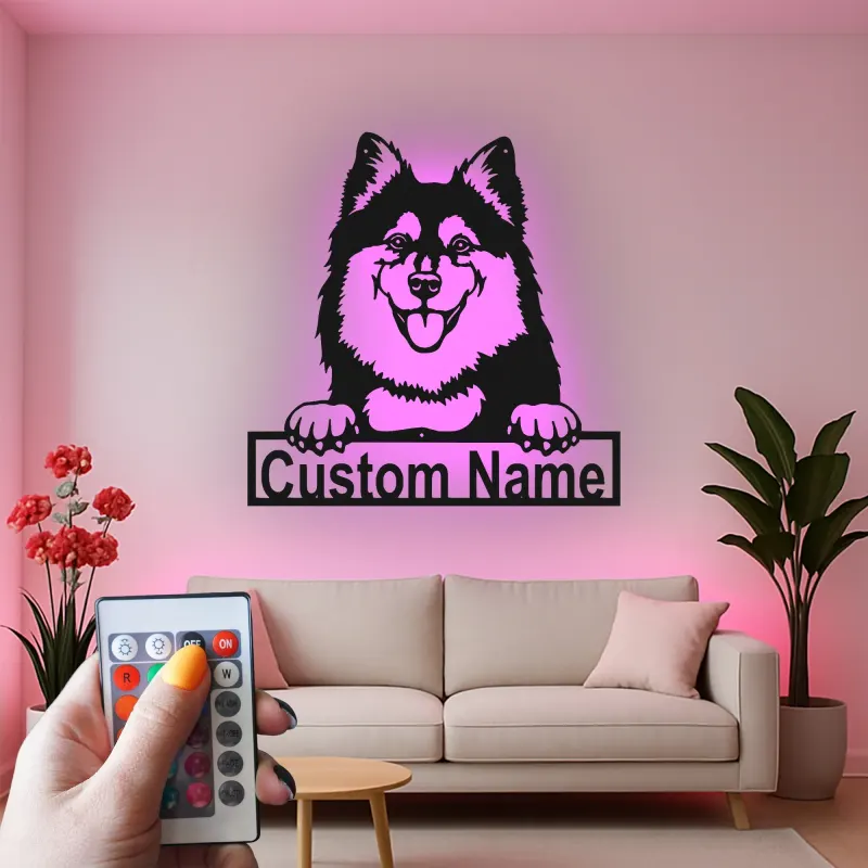 Décoration murale en métal personnalisée avec éclairage LED pour amoureux des chiens - Lapphund finlandais