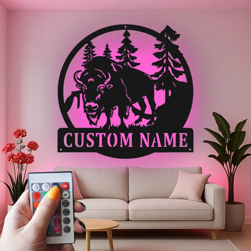 Décoration murale en métal personnalisée avec un bison en forêt, rétroéclairage LED, cadeau de faune personnalisé pour les amoureux de la nature, décoration de cabane