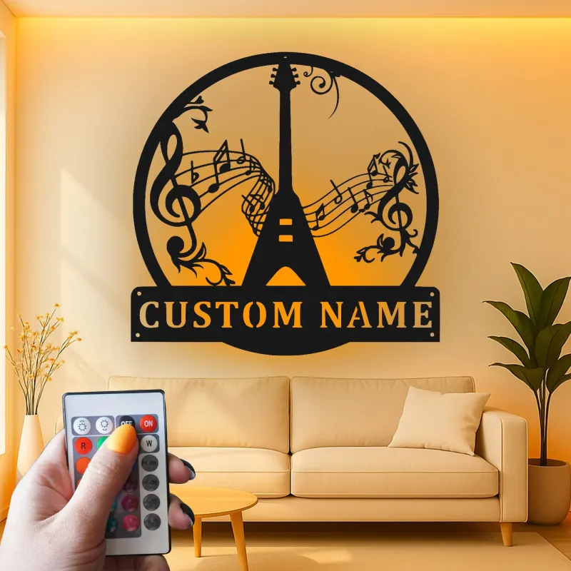 Insegna LED in metallo con chitarra personalizzata | Insegna personalizzata con nome per musicisti | Arredo per home studio | Regalo per chitarristi