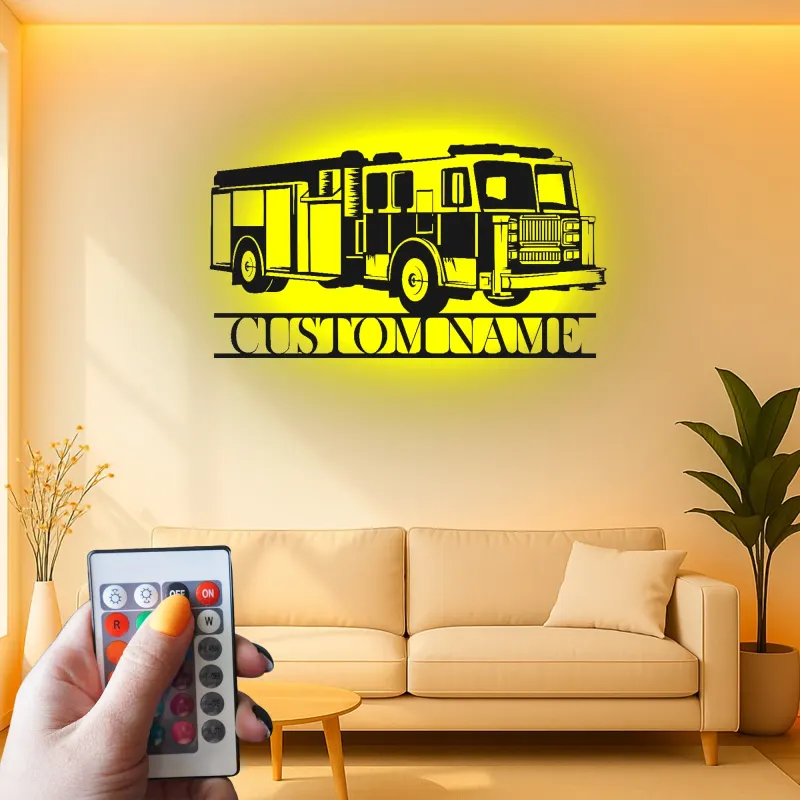 Insegna in metallo personalizzata con autopompa | Decorazione murale LED per vigili del fuoco | Decorazione su misura con nome per caserma | Regalo per pompiere