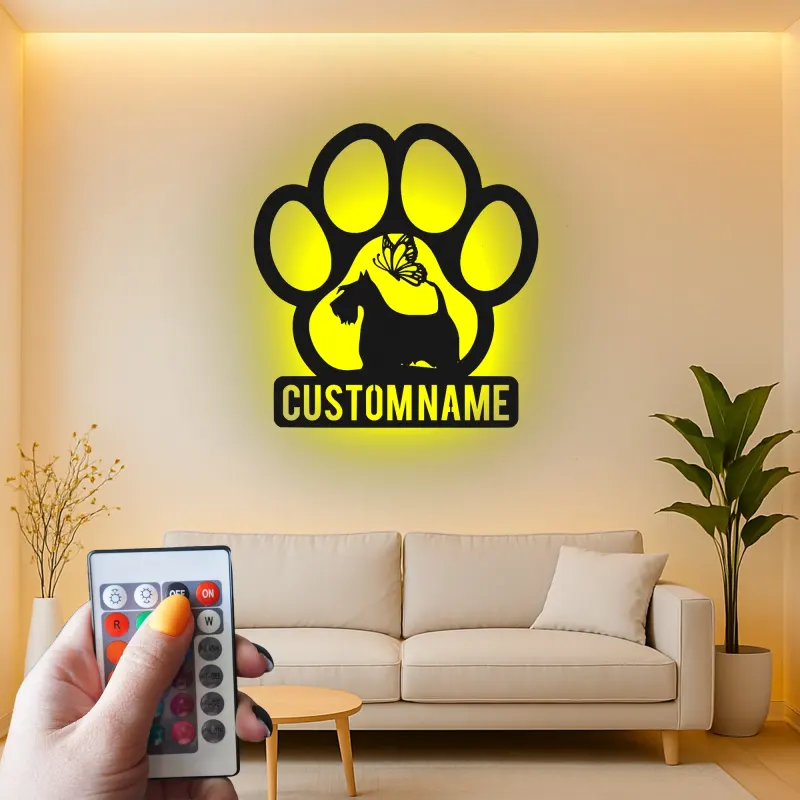 Décoration murale en métal personnalisée de patte de Scottish Terrier avec rétroéclairage LED - Cadeau pour les amoureux des chiens et décoration de salon