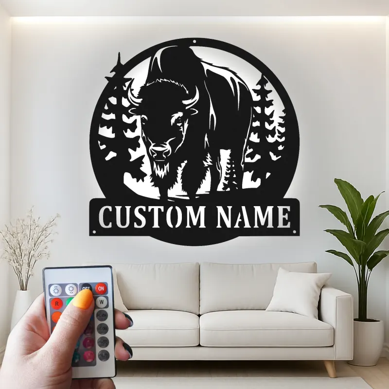Décoration murale en métal LED personnalisée Bison Cadeau faunique pour les amoureux de la nature Décor de chalet rustique