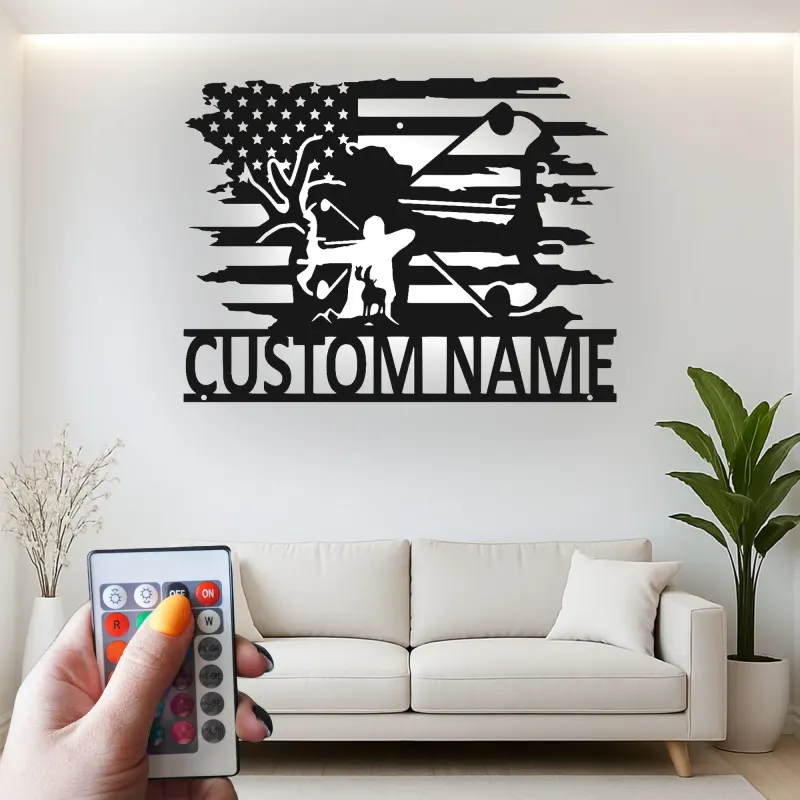 Insegna in metallo LED personalizzata per cacciatori di archi - Regalo per appassionati di tiro con l'arco - Decorazione per man cave o garage