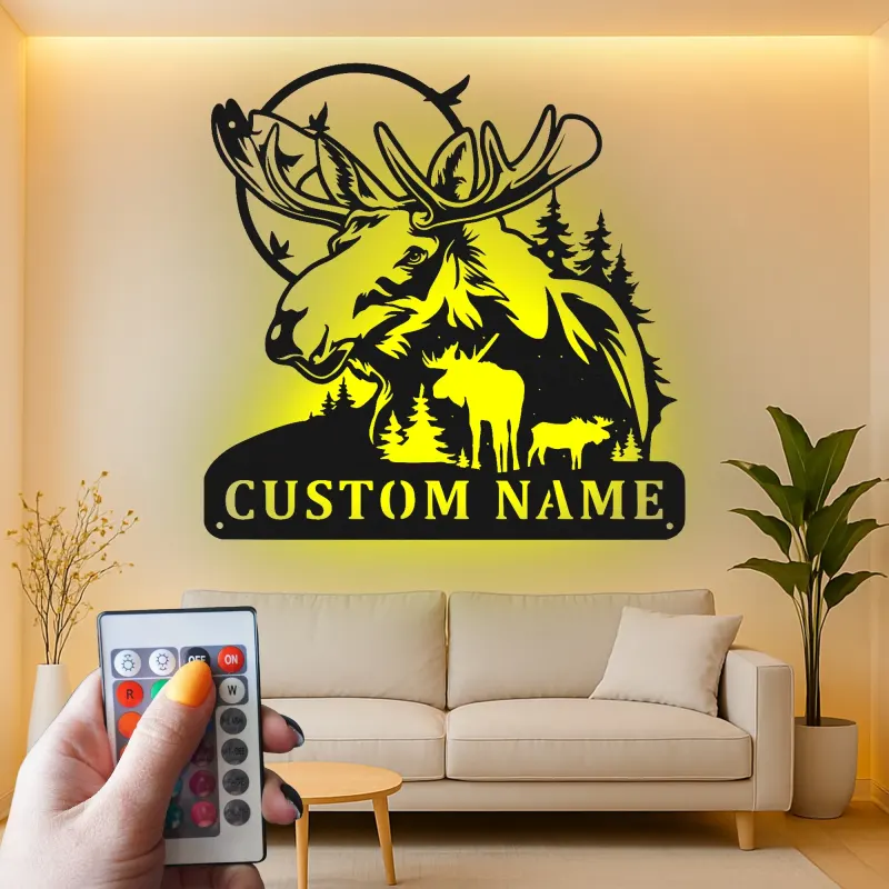 Custom Moose Family LED Metal Sign | Personalized Wildlife Wall Art | Rustic Cabin Decor for Nature Lovers & Hunters