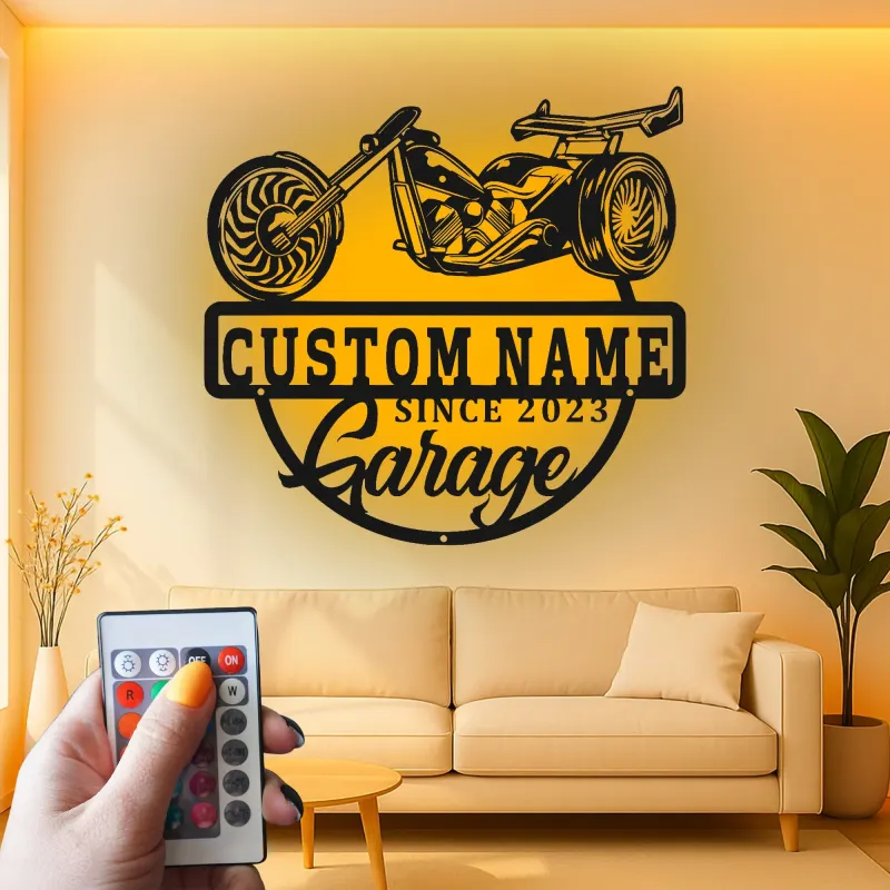 Décoration murale en métal LED personnalisée pour garage de moto - Cadeau personnalisé pour motards, décoration de man cave ou de garage
