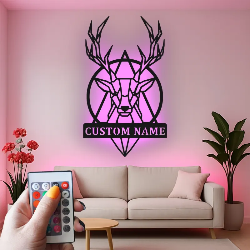 Cartel de metal LED personalizado de ciervo geométrico, regalo personalizado para amantes de la naturaleza, decoración rústica para salón