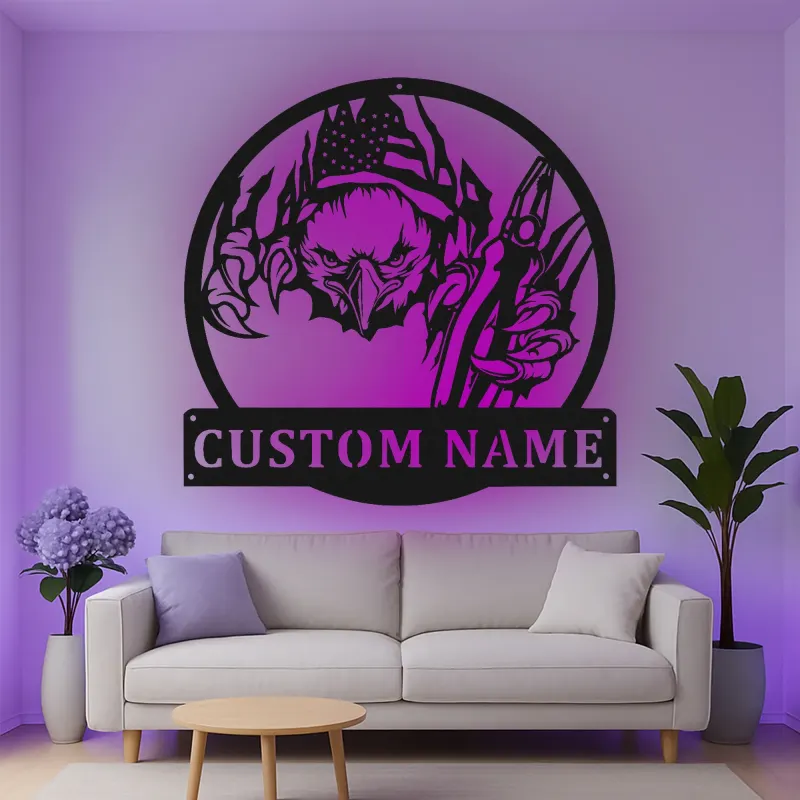 Décoration murale en métal personnalisée avec éclairage LED Aigle Américain - Cadeau patriotique pour lui, décoration de garage ou de man cave