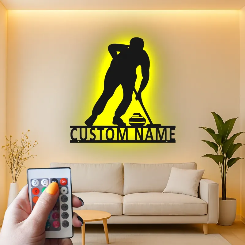Insegna in metallo personalizzata con luce LED a tema giocatore di curling regalo sportivo per curlers decorazione per sala giochi