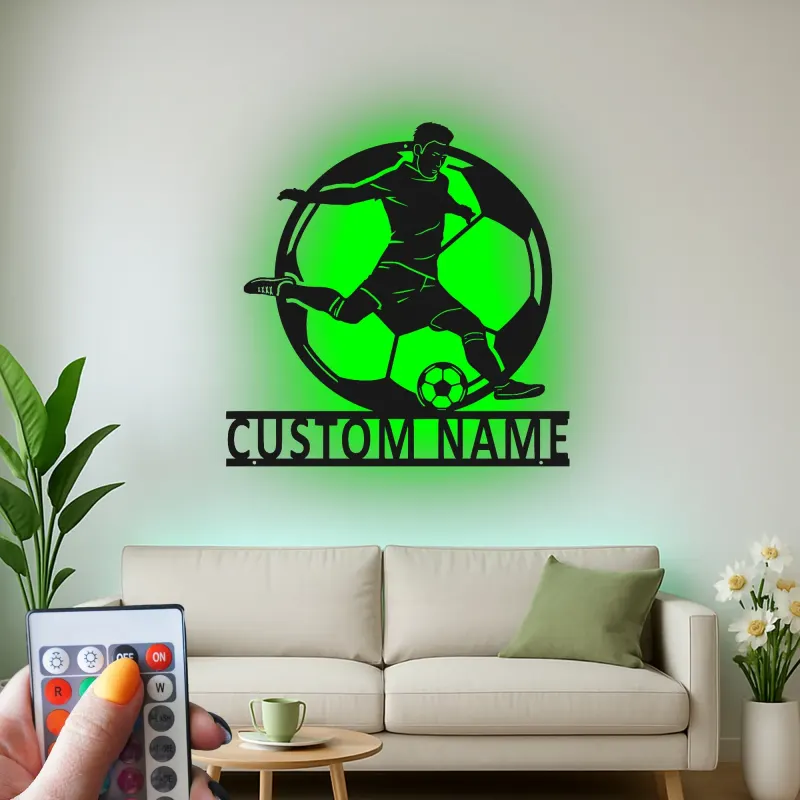 Panneau LED Personnalisé Joueur de Football | Décoration Murale en Métal Personnalisée | Cadeau Athlète pour Chambre d'Adolescent | Décor de Bar Sportif et Salle de Jeux