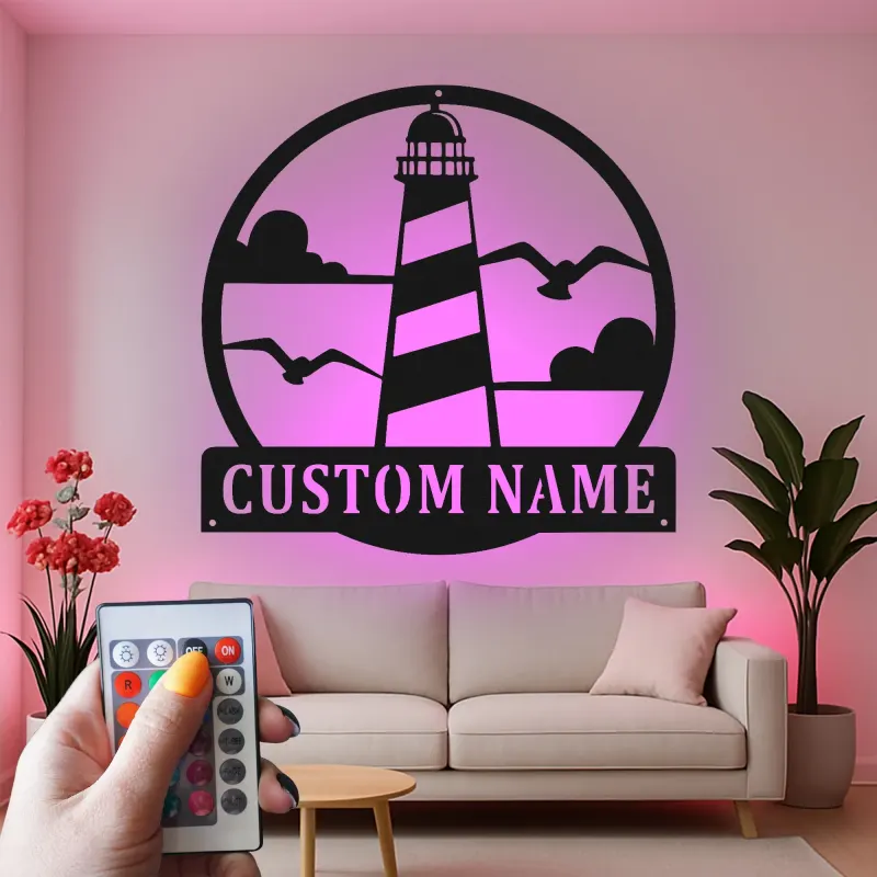 Décoration murale en métal personnalisée avec phare et rétroéclairage LED - Cadeau côtier, décoration nautique pour maison de plage