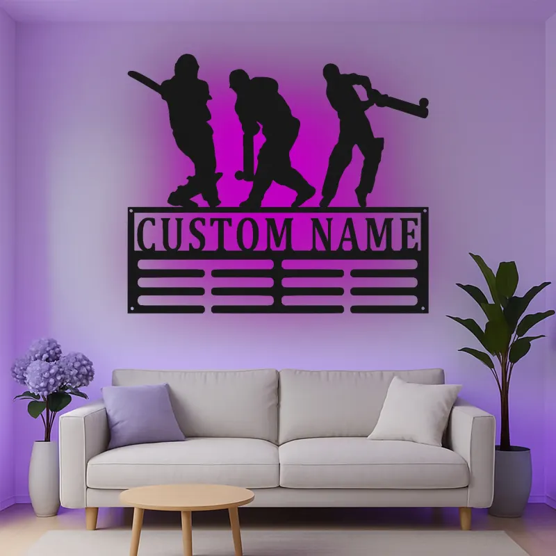 Insegna in metallo personalizzata con giocatore di cricket luce LED regalo sportivo per lui decorazione per sala giochi