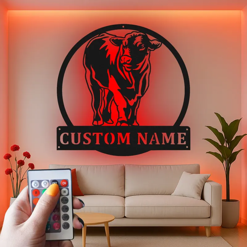 Décoration murale en métal LED personnalisée de vache - Cadeau de ferme rustique - Décor de grange