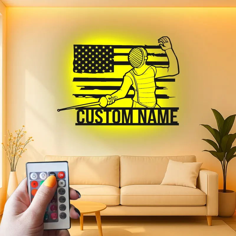 Décoration murale en métal personnalisée pour escrimeur avec rétroéclairage - Cadeau unique pour les passionnés d'escrime